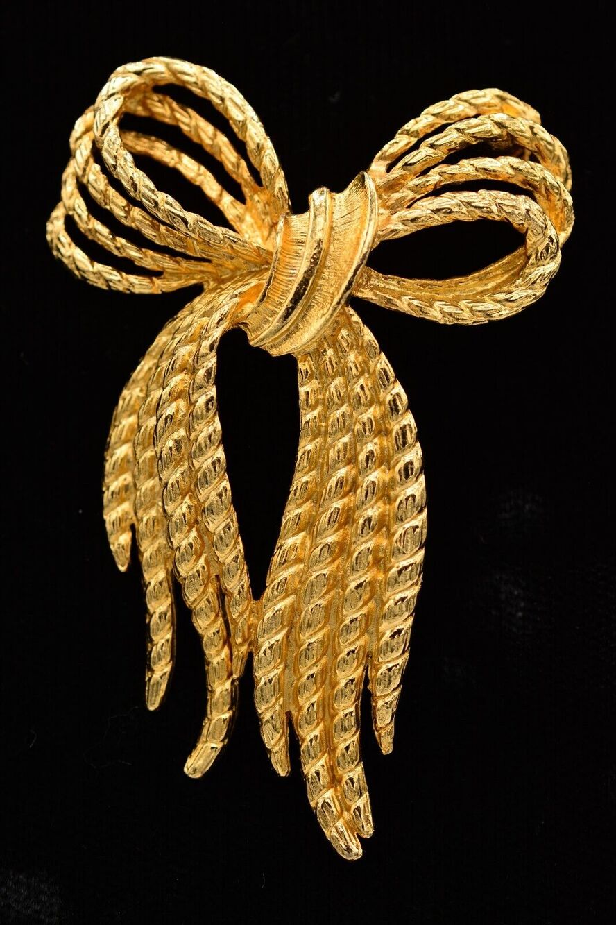 Vintage 2.5" Bow Pin Brooch Brushed Gold Chunky Textured Ribbon 80s 1980s BinAH